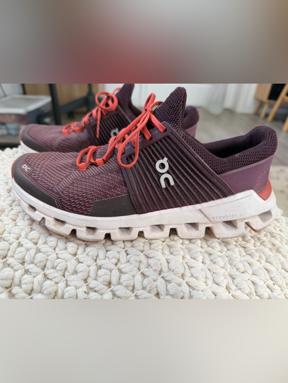 On Running Women's Sneakers in Burgundy with Coral Laces